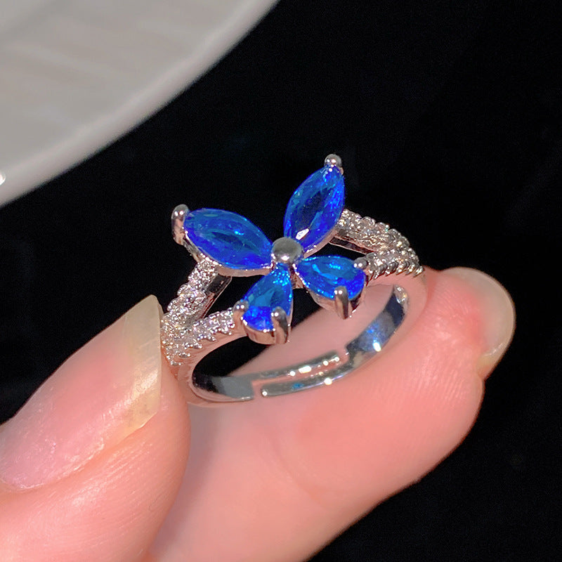 Minimalist Sweet Colorful Crown Flower Bow Teardrop Brass Ring with Cubic Zirconia Inlay for Women