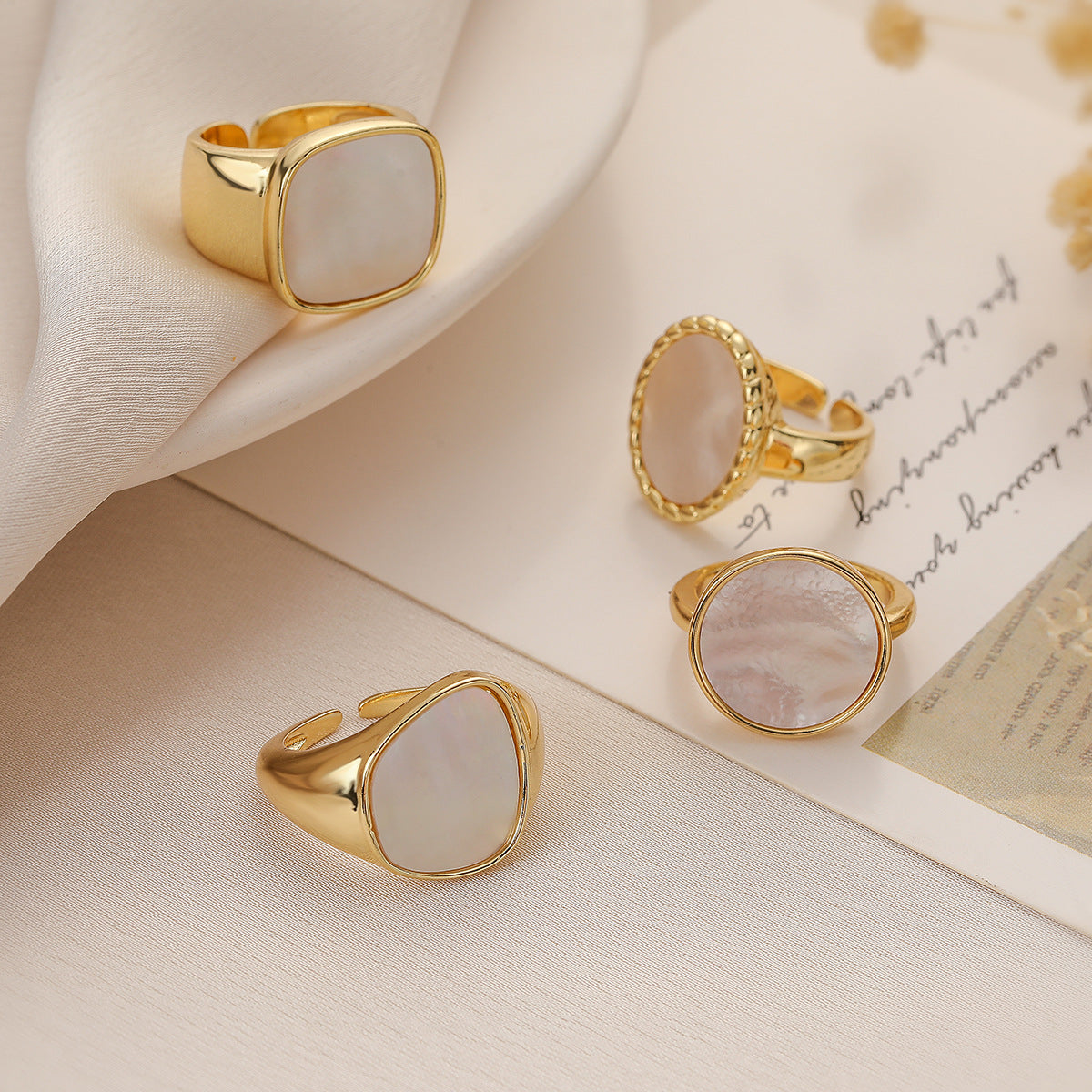 Minimalist Geometric Open Ring for Women Made of Brass with 18K Gold Plating and White Abalone Inlay
