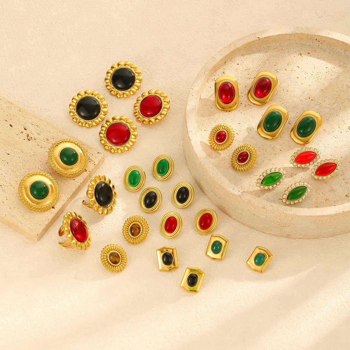 Vintage Geometric Stainless Steel Earrings with 18K Gold Plating and Agate-Inspired Design for Women