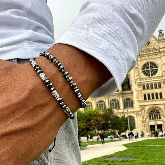 Men's Faceted Hematite and Alloy Beaded Bracelet Set with Geometric Cross Charms