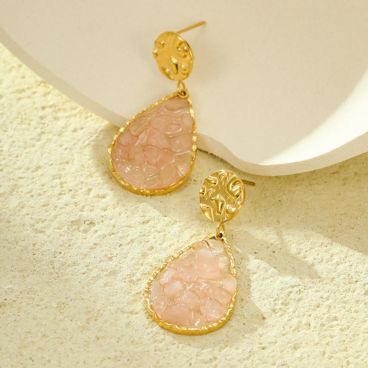 Vintage Minimalist Stainless Steel Waterdrop Pendant Earrings with Natural Stone Inlay for Women