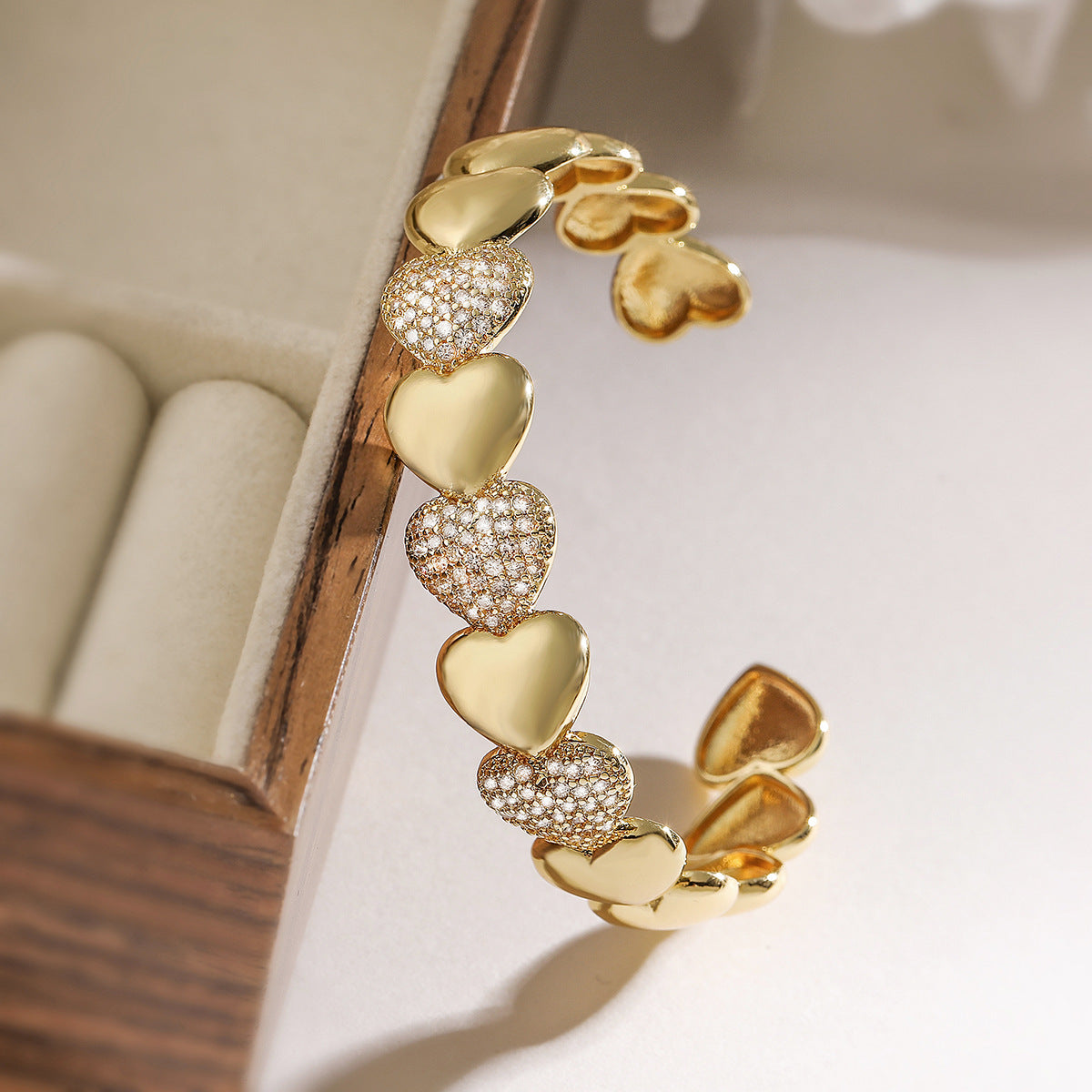 Minimalist Luxury 18K Gold Plated Brass Heart Cuff with Cubic Zirconia for Women