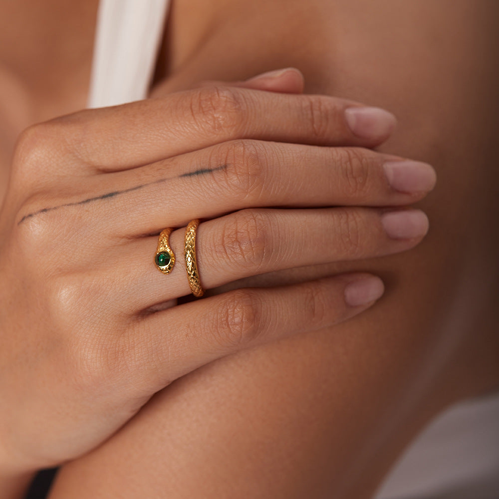 Trendy 18K Gold Plated Stainless Steel Snake Open Ring with Malachite Charm for Women