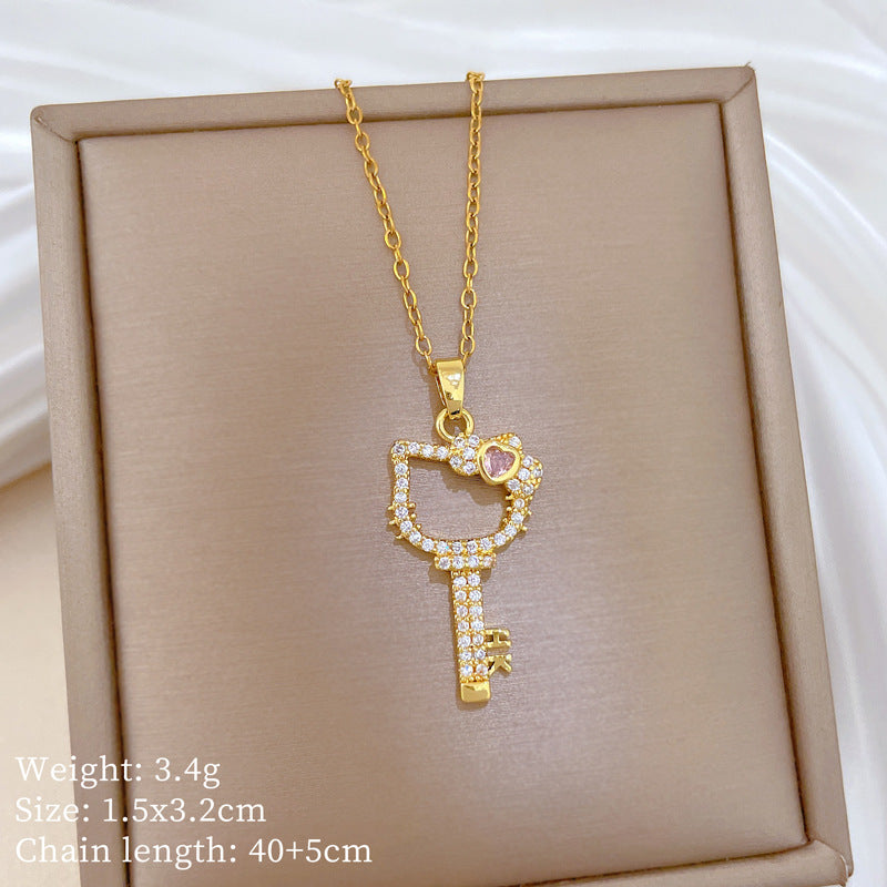 Sweet Cartoon Animal Micro-Inlaid Cubic Zirconia Brass Pendant Titanium Steel Necklace for Unisex