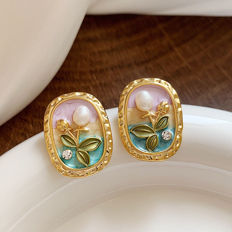 Vintage Floral and Geometric Enamel Earrings for Women with Gold-Plated Brass Base and Stainless Steel Posts