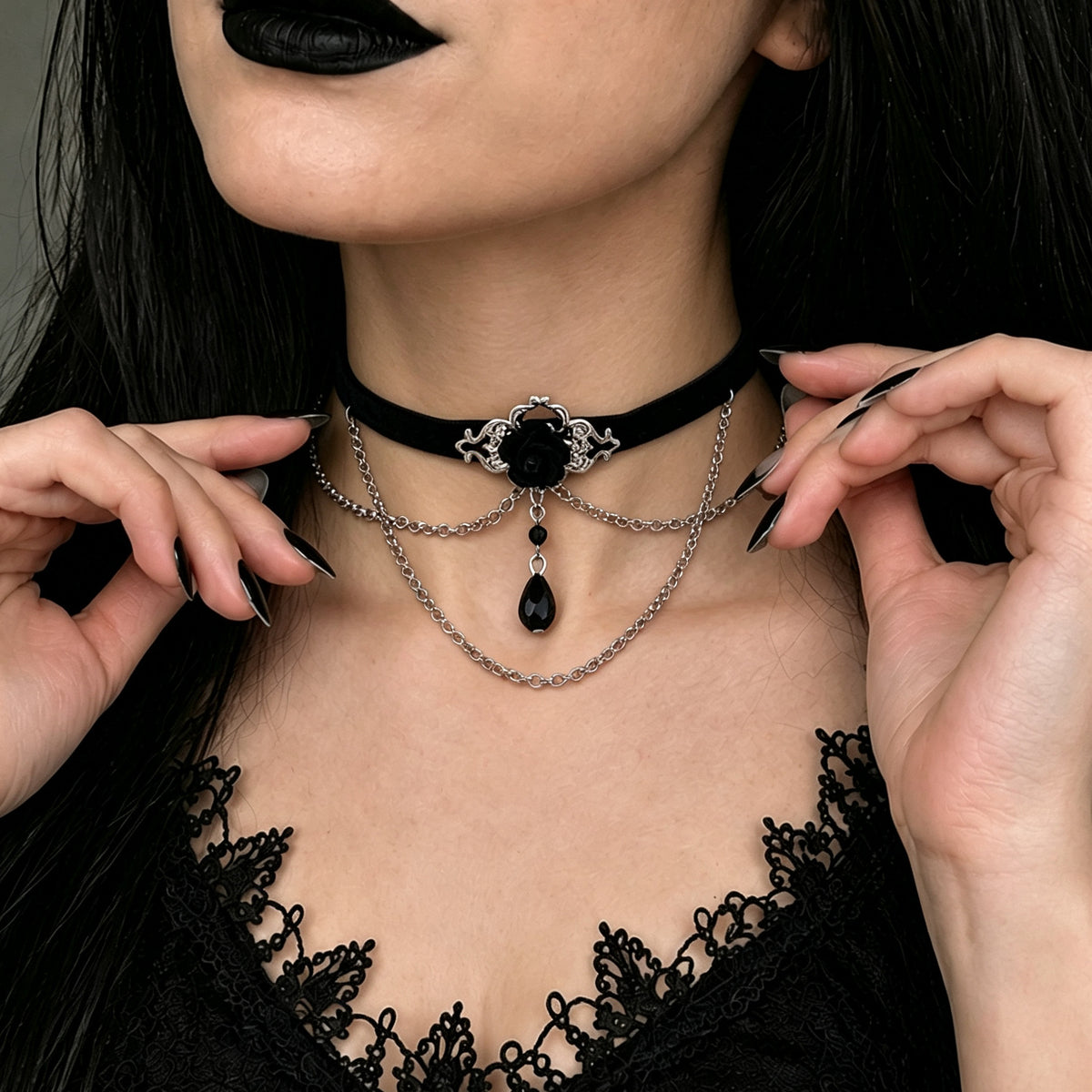 Punk Gothic Spider Blood Drop Crystal Pendant Zinc Alloy Choker Necklace for Women