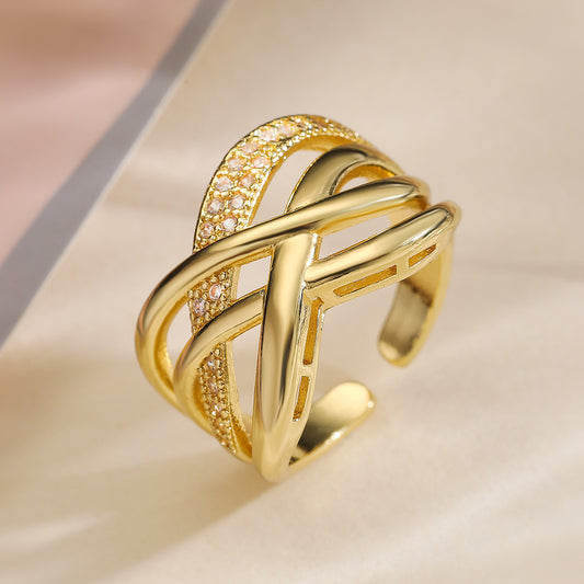 Minimalist Geometric Open Ring for Women in Copper with 18K Gold Plating and Micro-Paved Zirconia