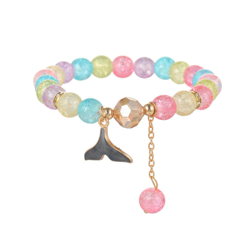 Sweet Natural Round Glass Beaded Bracelet with Drip Oil Starfish Shell Swan Charms and Crackle Texture