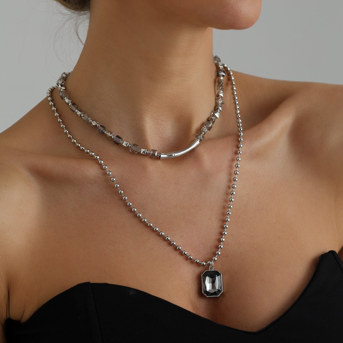 Casual Geometric Square Crystal Plastic Alloy Plated Layered Necklace for Women
