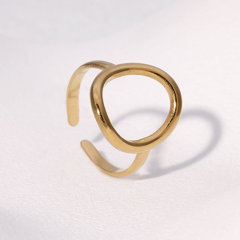 Minimalist Geometric Round Stainless Steel Ring for Women with Gold Plating and Adjustable Open Band