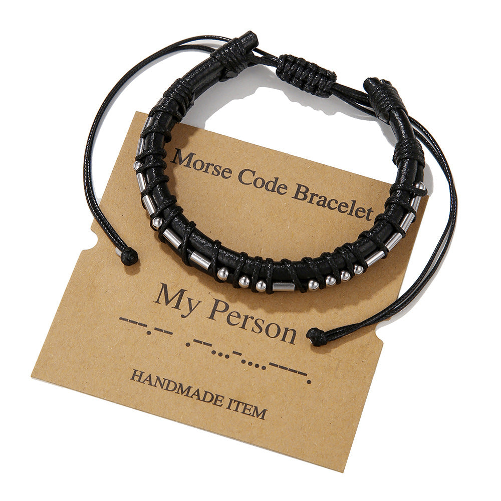Morse Code Letter Number Stainless Steel Leather Bracelet Unisex