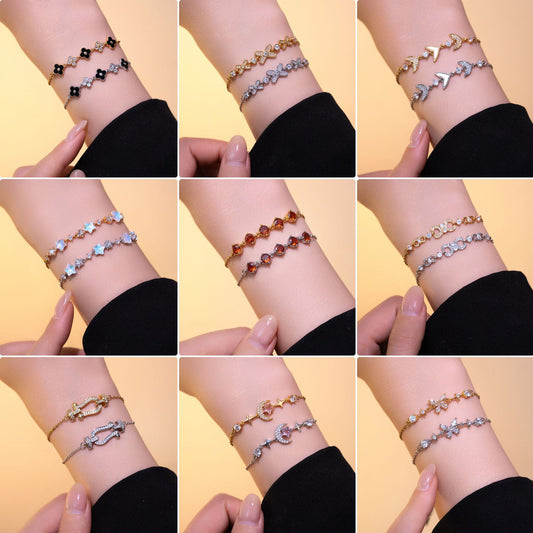 Braccialetto da donna Minimalista Cuore Stella Luna Farfalla con Strass in Acciaio al Titanio con Finitura Placcata
