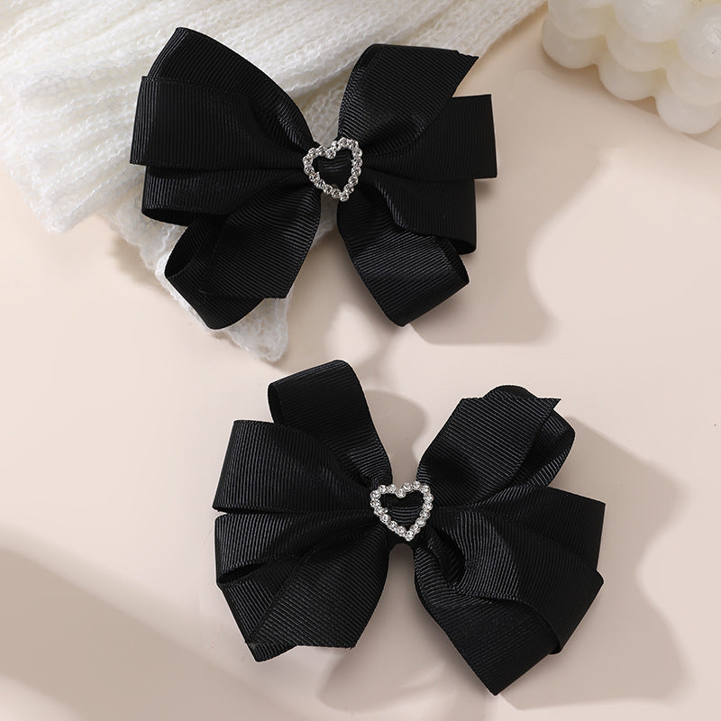 Fermaglio per Capelli a Fiocco Stile Naturale in Raso con Cuore di Strass per Bambine, Forcina a Becco d'Anatra Stile Nastro
