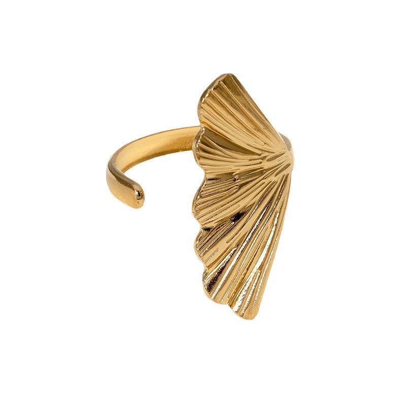Minimalist Leaf-Shaped Stainless Steel Adjustable Ring with 18K Gold Plating for Women
