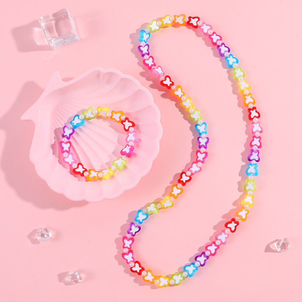 Dulce conjunto de collar acrílico con forma de mariposa para niñas, con cadena de cuentas, estilo princesa, joyería infantil