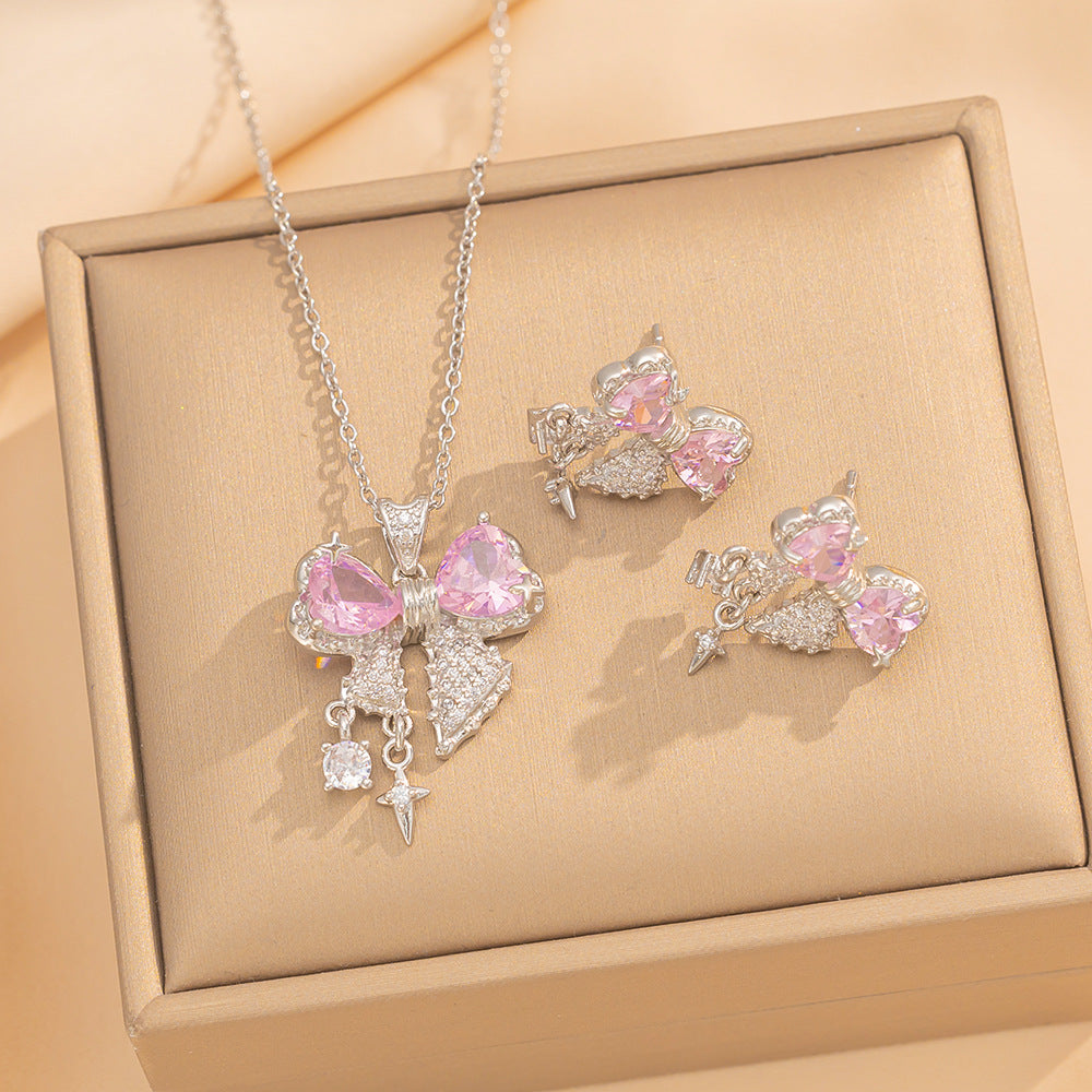 Luxury Bow-Shaped Zirconia Pendant Necklace for Women in Titanium Steel with Vacuum Plating and O-Chain