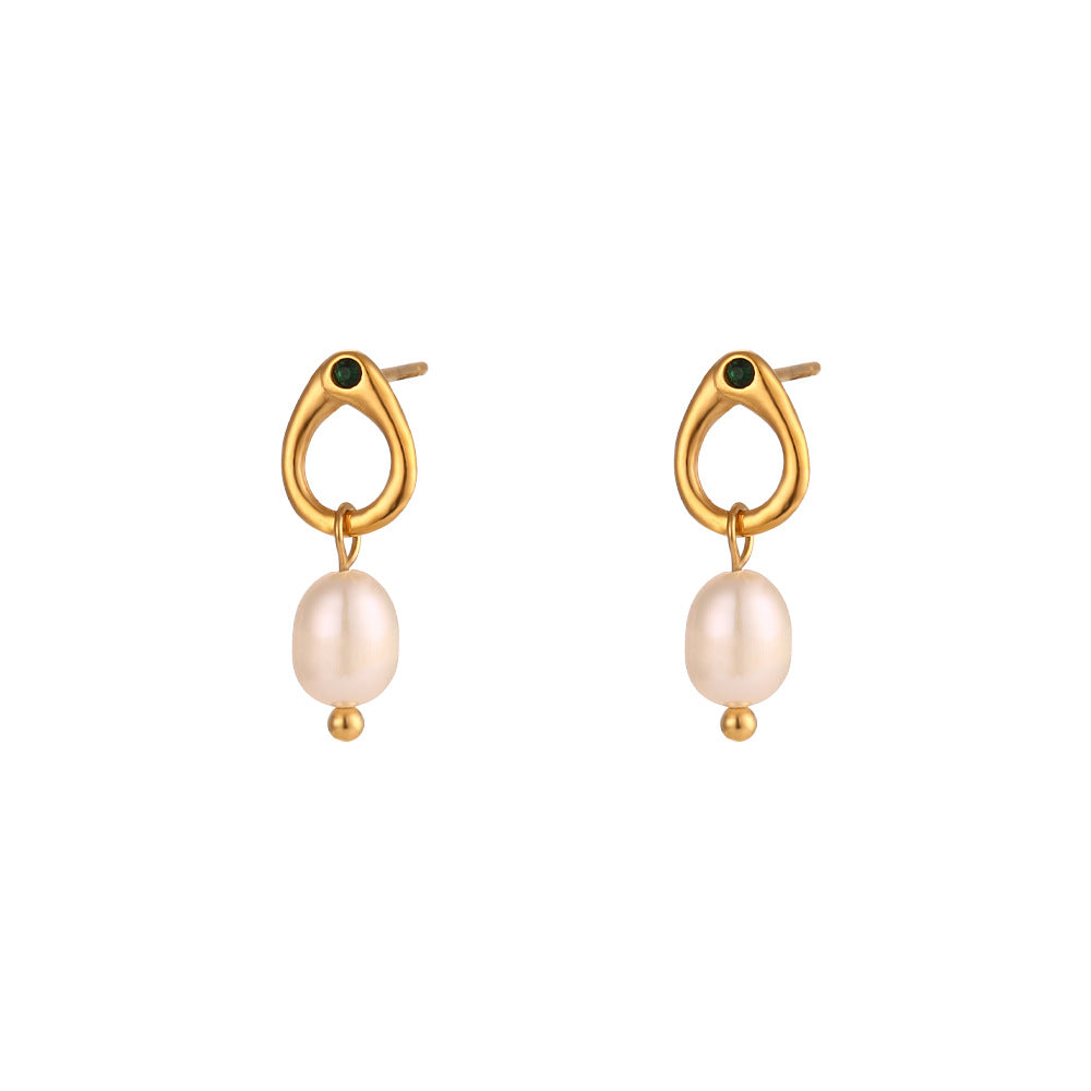 Minimalist Geometric Stainless Steel Hoop Earrings with Freshwater Pearl and Green Rhinestone Accents for Women