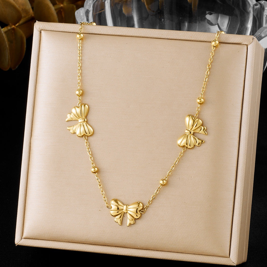 Minimalist Gold Plated Stainless Steel Ball Chain Necklace with Bow Pendant for Women