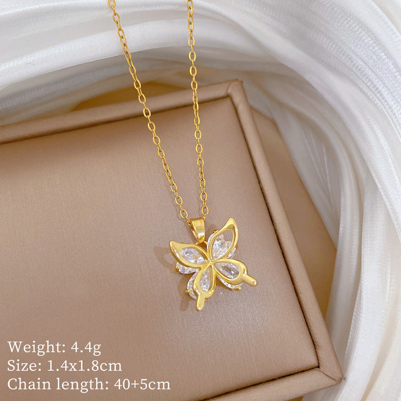 Sweet Minimalist Animal Shape Brass Pendant with Cubic Zirconia Inlay Titanium Steel Necklace for Unisex