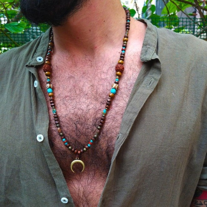 Vintage Geometric Moon Wood Bead Faux Turquoise Alloy Pendant Cable Chain Necklace for Unisex