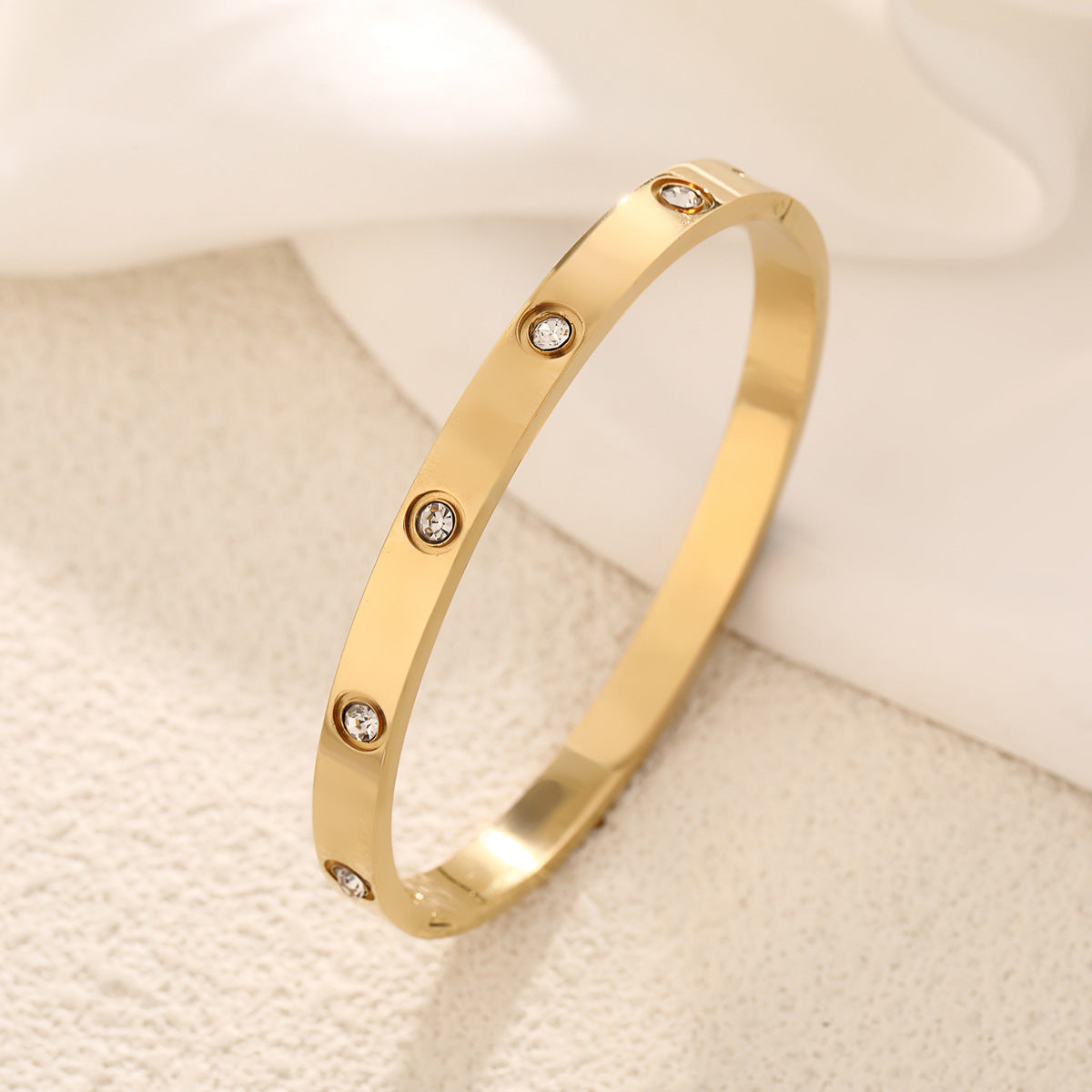 Minimalist Stainless Steel Polished Bracelet with Rhinestone Inlay, Hypoallergenic Fashion Jewelry for Women