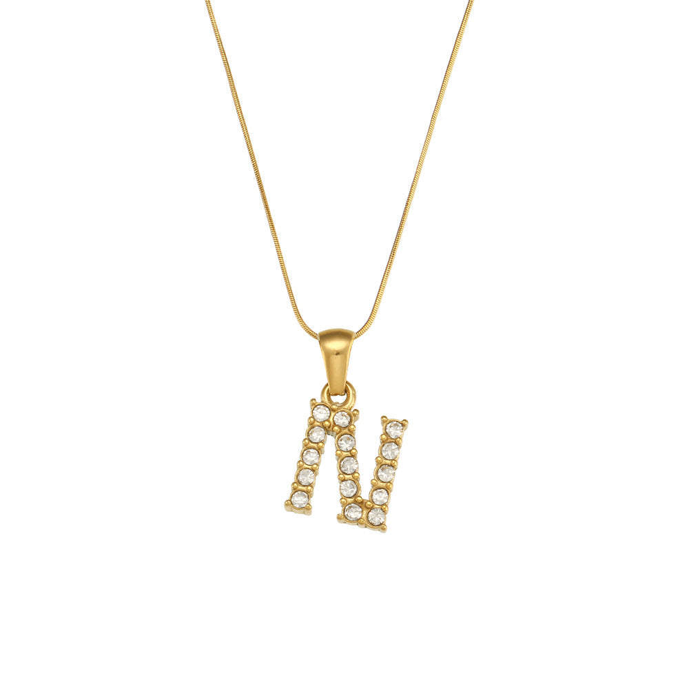 Fashion Minimalist Letter Pendant Necklace in Stainless Steel with 18K Gold Plating and Cubic Zirconia on Thin Snake Chain for Women
