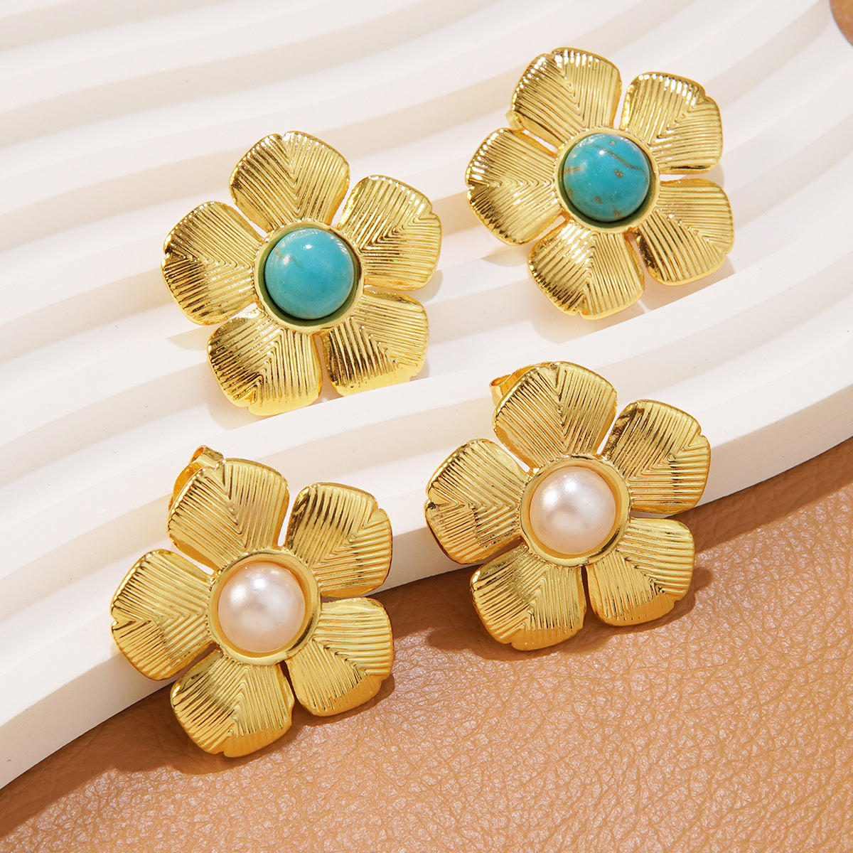 Statement Gold Plated Stainless Steel Floral Stud Earrings with Resin Turquoise Inlay