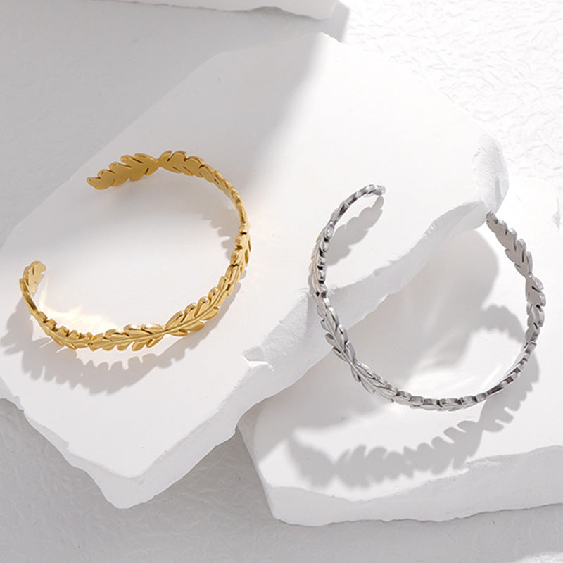 Gold Plated Stainless Steel Leaf Open Cuff Bracelet for Women