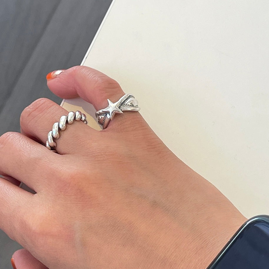 Vintage Minimalist Heart-Shaped 925 Sterling Silver Adjustable Ring with Rope Knot Detail for Women