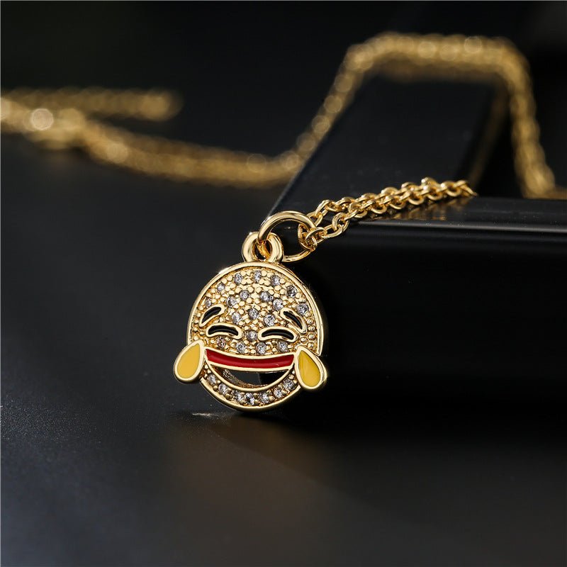 18K Gold Plated Brass Geometric Smile Face Pendant Necklace with Cubic Zirconia for Women