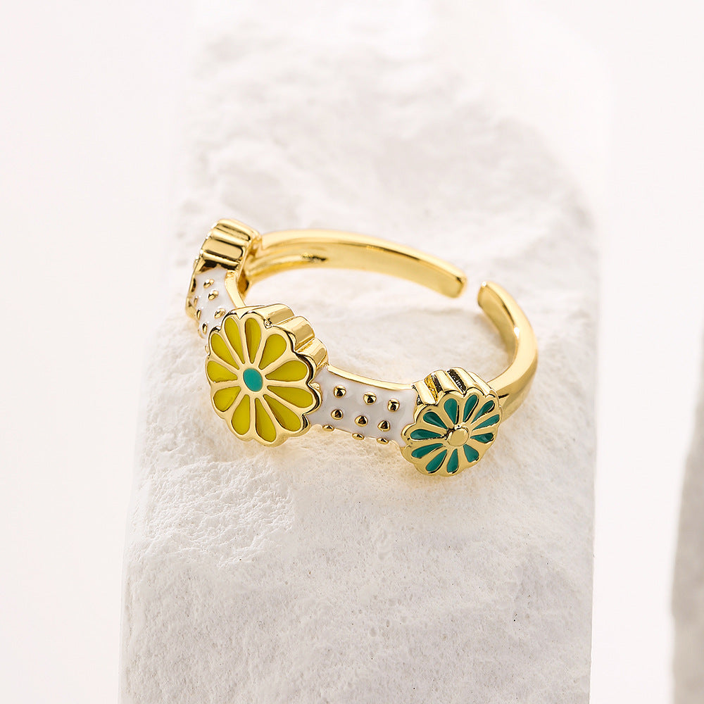 Bohemian Style Irregular Geometric Shape Copper Ring with Gold Plating and Enamel Floral Design for Women