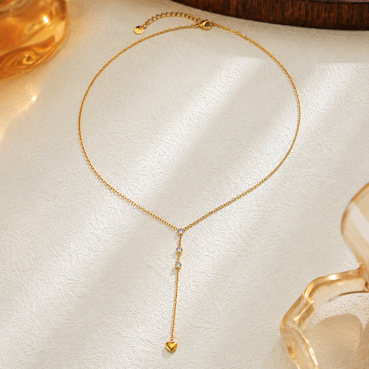 Minimalist Luxury Heart Pendant Stainless Steel Necklace with Cubic Zirconia Inlay PVD Plated for Women