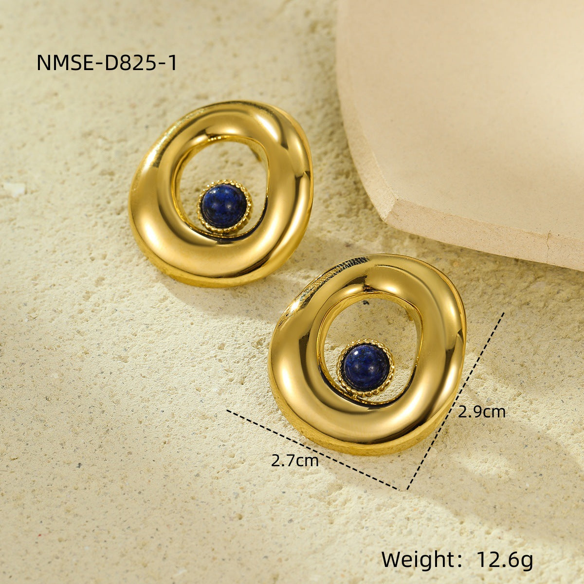 Pendientes de mujer de estilo francés vintage con forma geométrica irregular redonda calada en acero de titanio con incrustaciones de piedra natural y acabado chapado