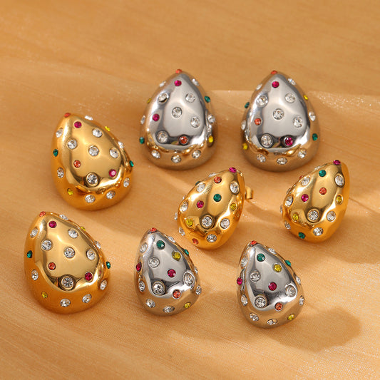 Fashion 18K Gold Plated Water Drop Stainless Steel Earrings for Women with Rhinestone Inlay