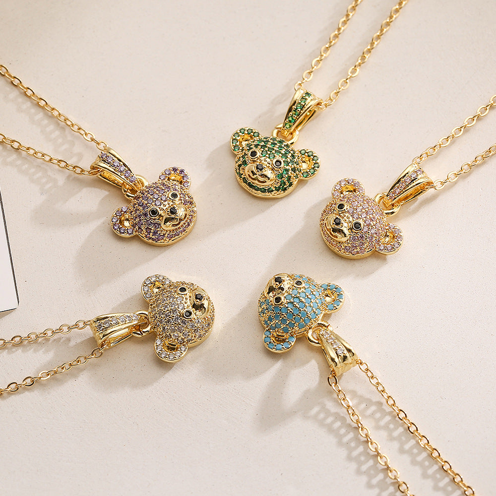 Cute Bear Pendant Necklace for Women in Copper with 18K Gold Plating and Full Zircon Inlay, Minimalist Style Locket Chain