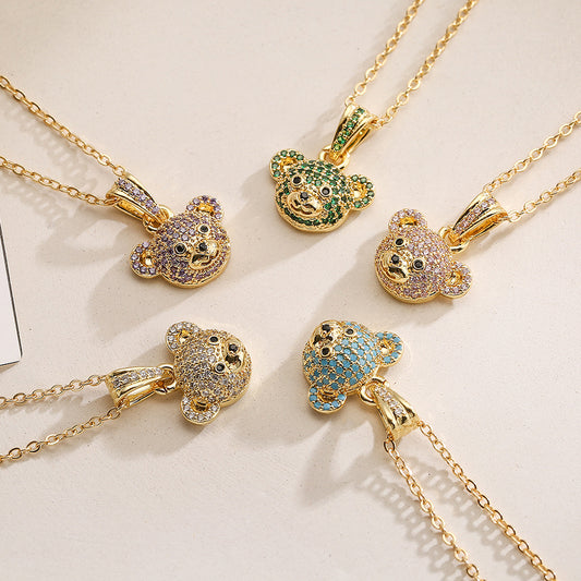 Collana con Pendente Orsetto Carino da Donna in Rame Placcato Oro 18K e Intarsio Completo di Zirconi, Stile Minimalista con Catena a Medaglione