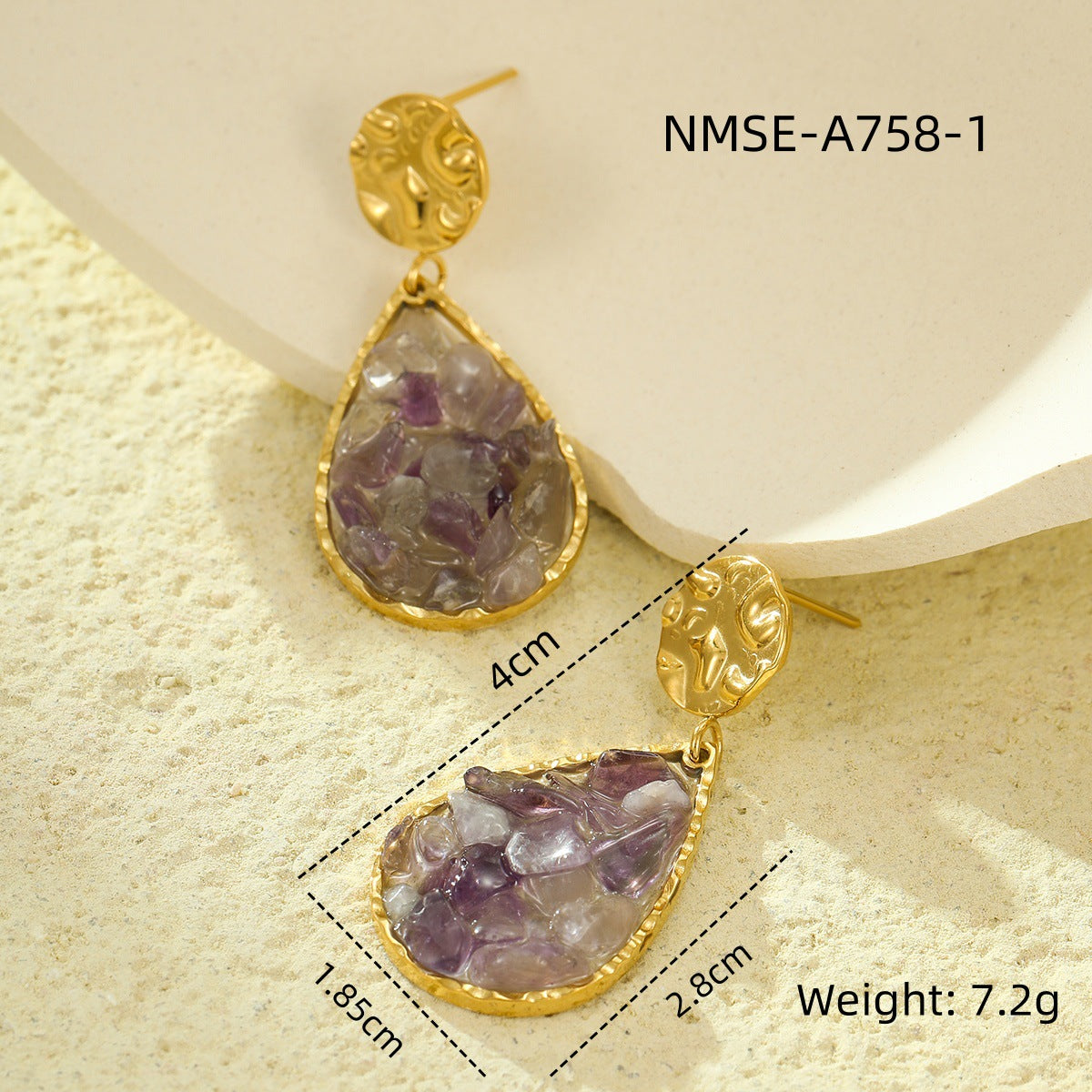 Vintage Minimalist Stainless Steel Waterdrop Pendant Earrings with Natural Stone Inlay for Women