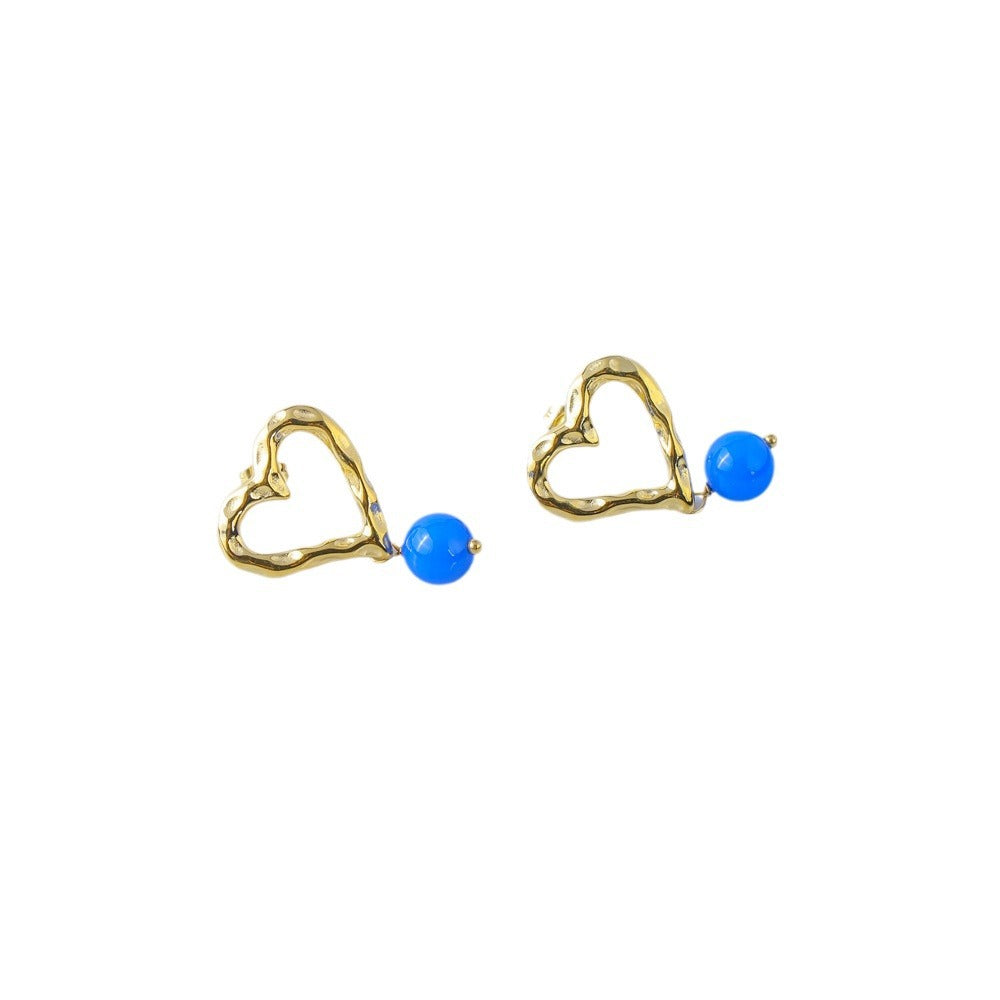 Fashionable Irregular Hollow Heart-Shaped Titanium Steel Earrings with Blue Agate Inlay and 18K Gold Plating for Women