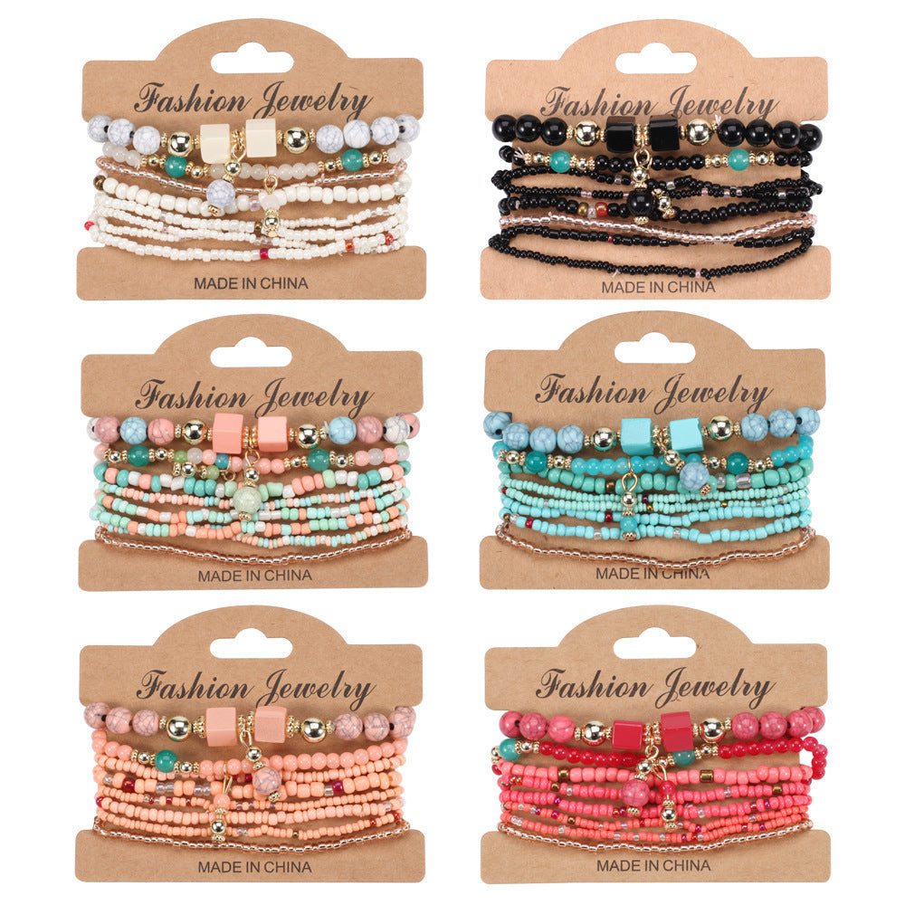 Bohemian Handmade Beaded Natural Stone Bracelet Set with Floral Pattern for Unisex