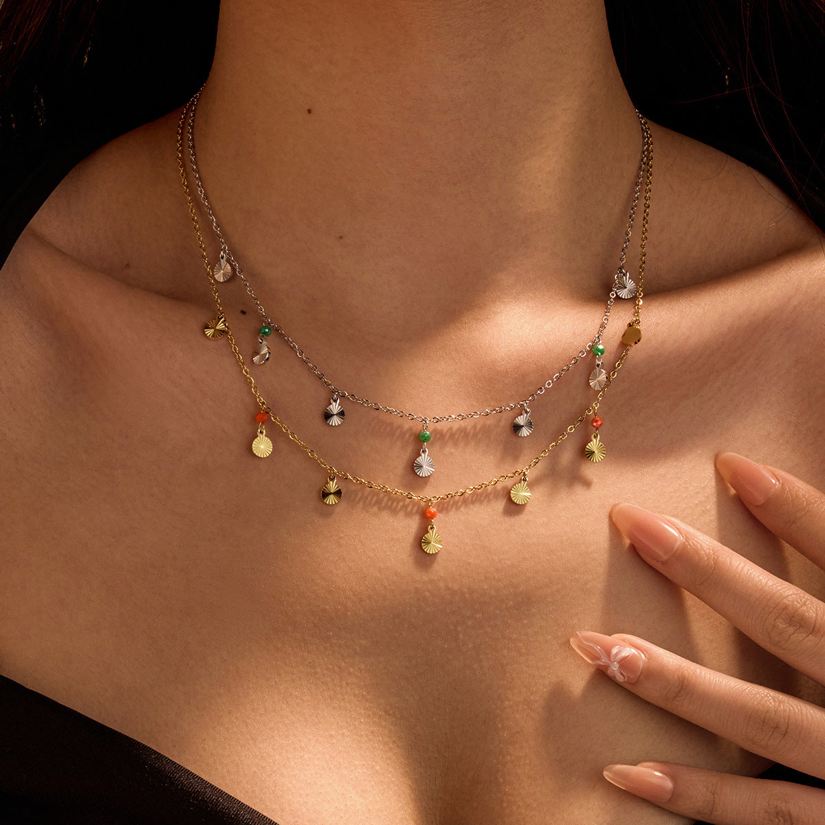 Fashionable OL Style Round Disc Pendant with Crystal Embellishments and Fringe Detail Stainless Steel Necklace for Women