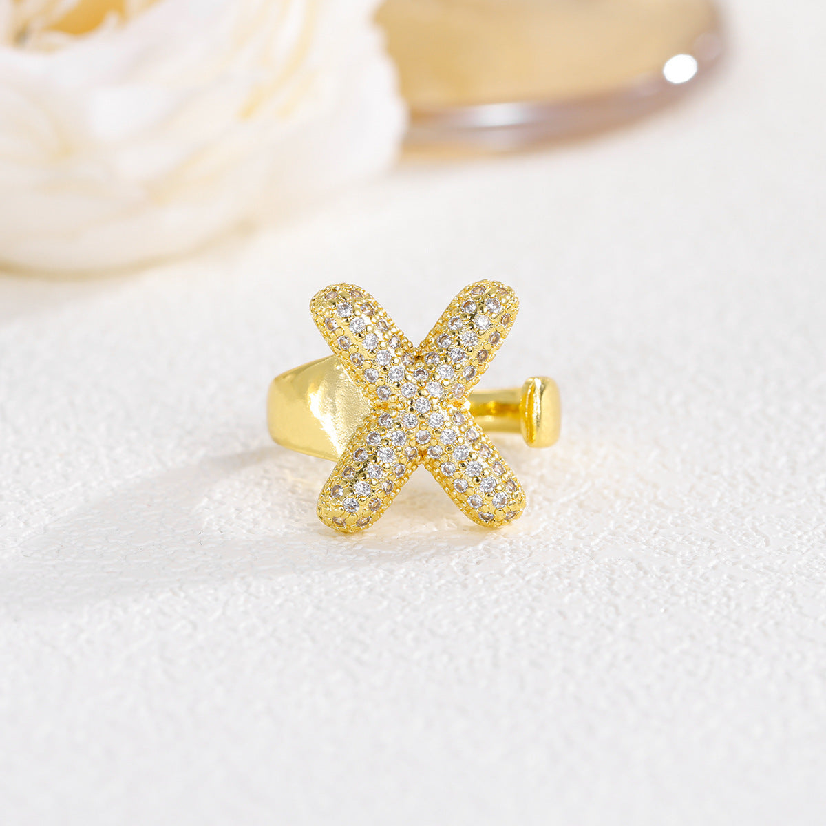 Sweet Plated Brass Letter Ring with Cubic Zirconia Adjustable Open Ring for Women and Men