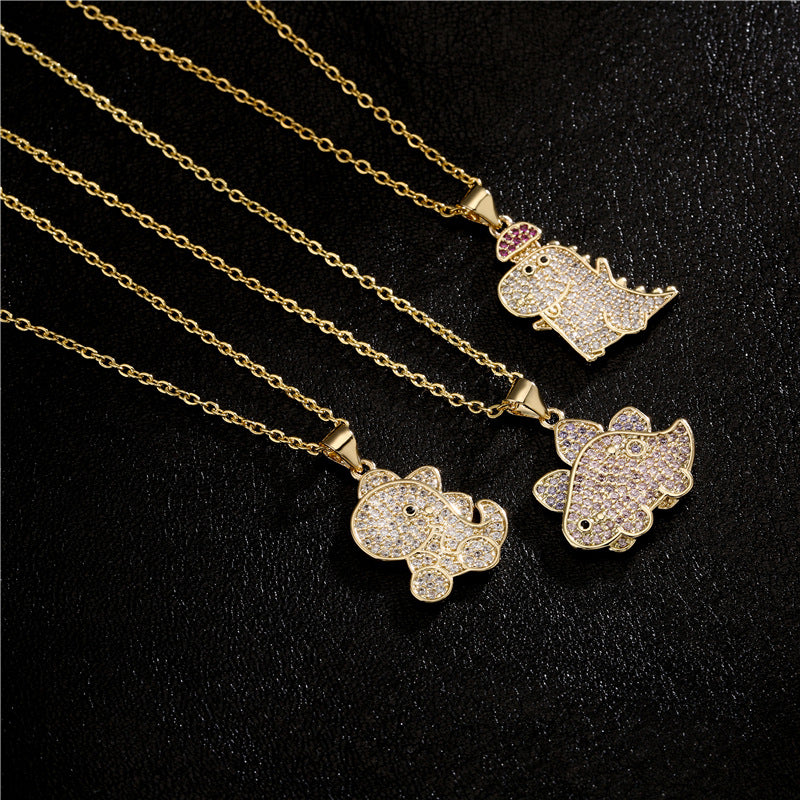 Collana con Pendente Dinosauro Geometrico in Rame con Placcatura in Zirconia Micro-Incastonata