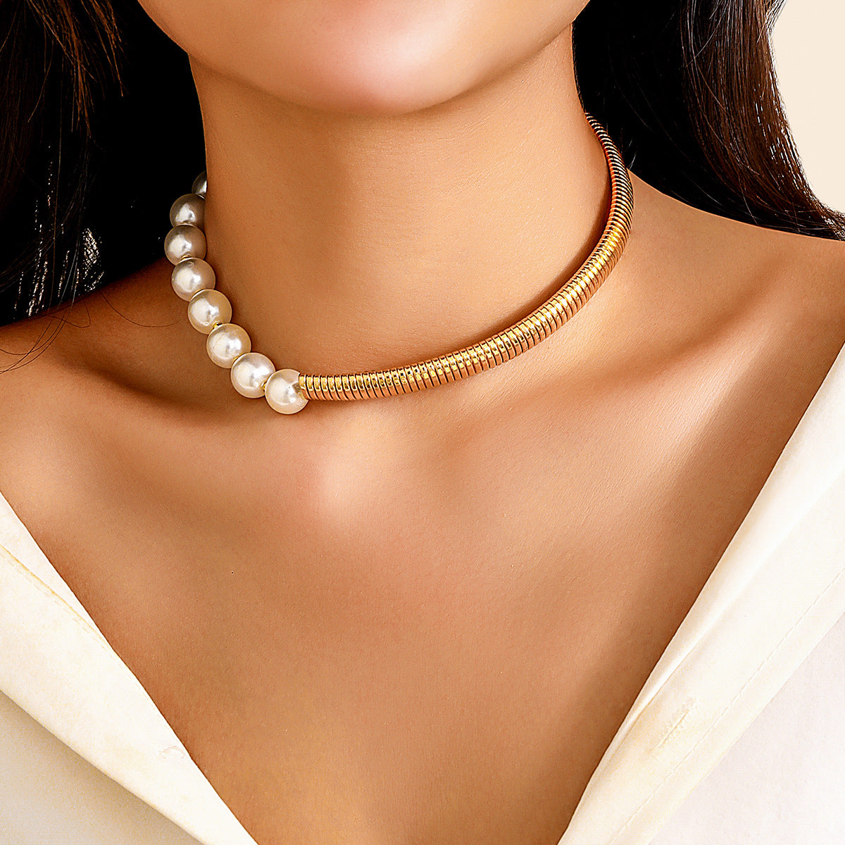 Punk Sweet Geometric Faux Pearl Plated Snake Chain Choker Necklace for Women