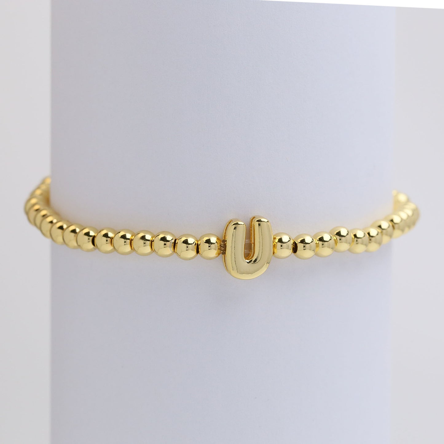 18K Gold Plated Brass Letter Hematite Bead Stretch Bracelet for Women