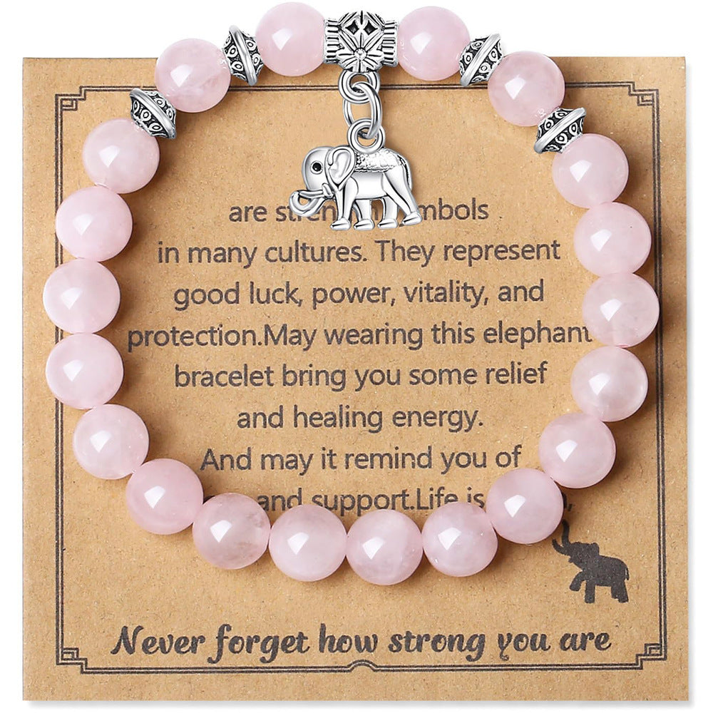 8mm Natural Stone Charm Bar Bracelet with Elephant Amethyst Amazonite Rose Quartz Fluorite Unisex Handmade Jewelry