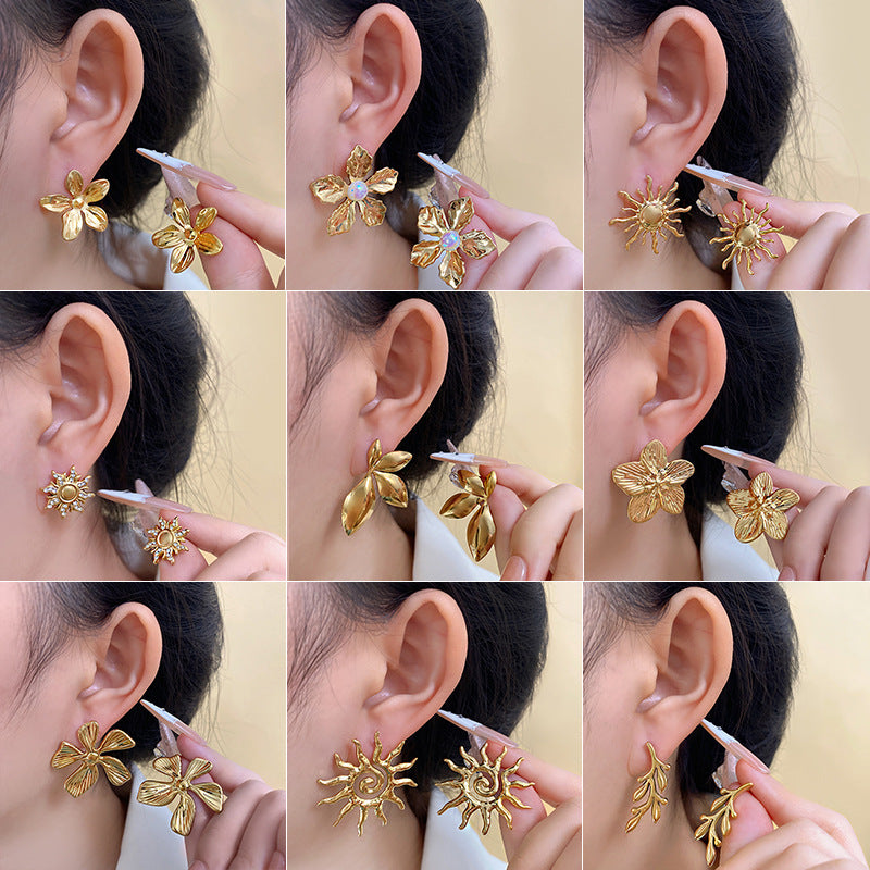 Sweet Sunflower Plant Brass Stud Earrings with Stainless Steel Posts