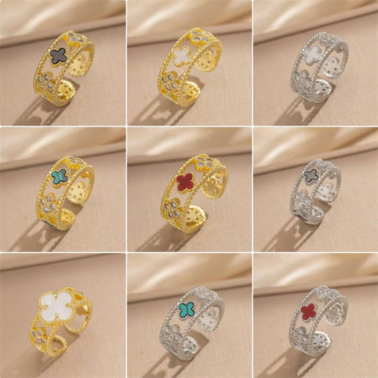 Minimalist Four-Leaf Clover Zirconia Ring in Gold-Plated Copper Adjustable Open Band for Women and Men