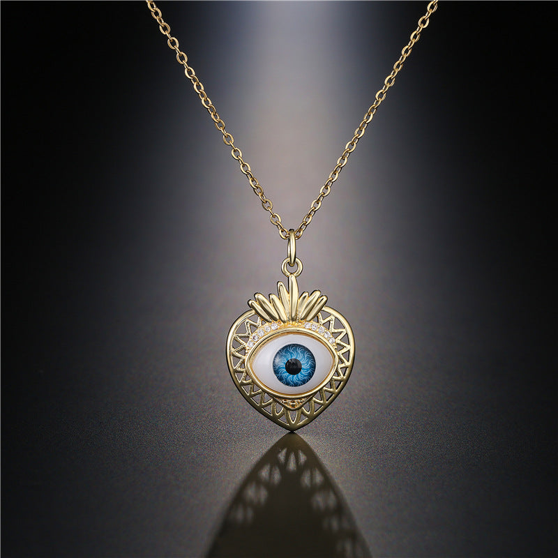 Geometric Fruit Blue Eye Cubic Zirconia Inlay Gold Plated Brass Necklace with Cable Chain
