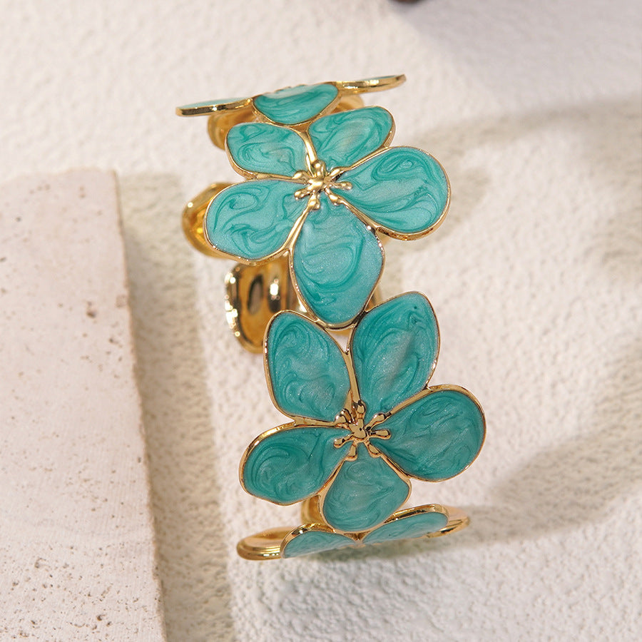 Elegant Floral Drip Oil Stainless Steel Flower Open Cuff Bracelet