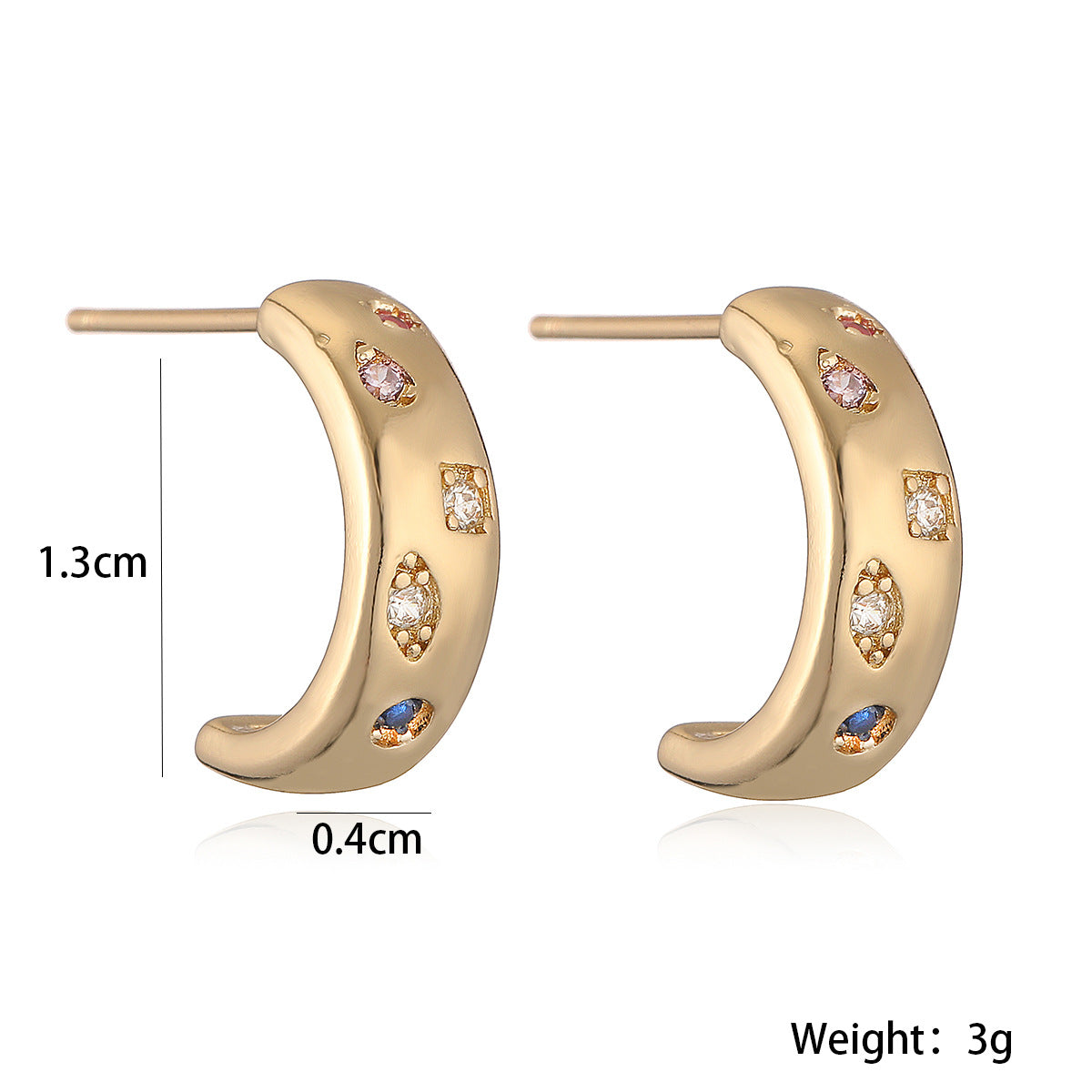 Minimalist Geometric C-Shaped Zirconia Stud Earrings for Women with 18K Gold Plated Posts and Micro-Pave Setting